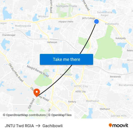 JNTU Twd RGIA to Gachibowli map