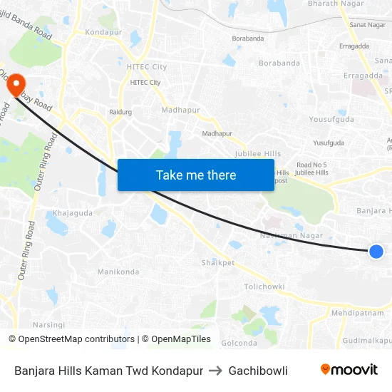 Banjara Hills Kaman Twd Kondapur to Gachibowli map
