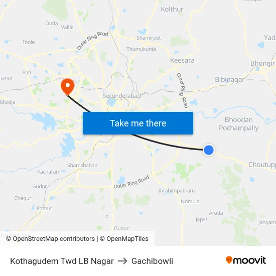 Kothagudem Twd LB Nagar to Gachibowli map