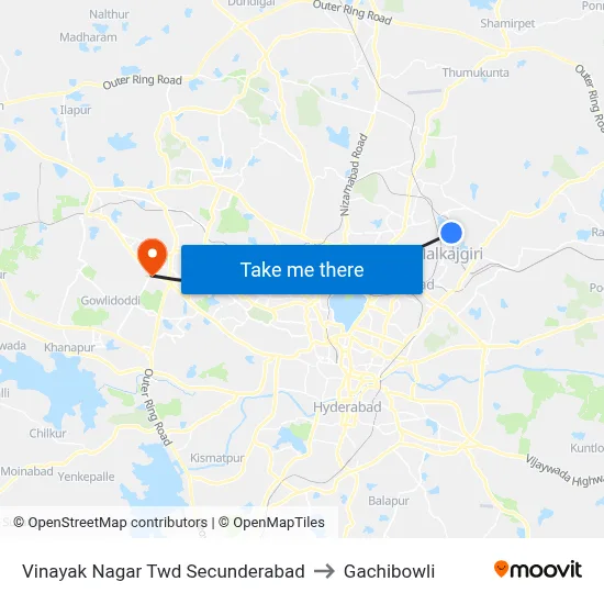 Vinayak Nagar Twd Secunderabad to Gachibowli map