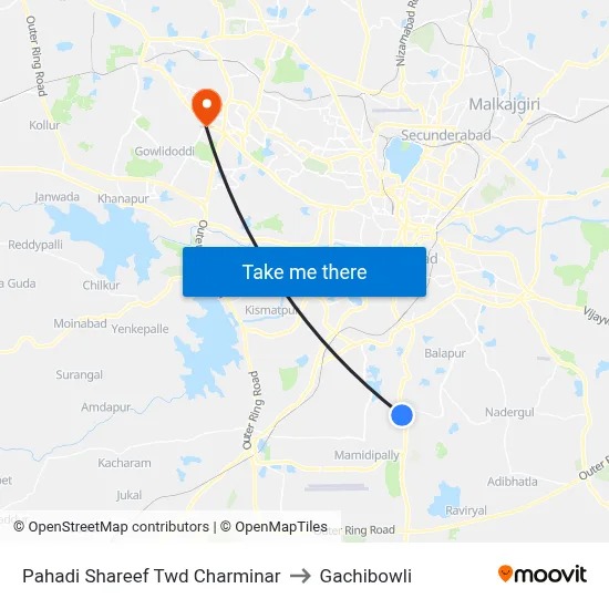 Pahadi Shareef Twd Charminar to Gachibowli map