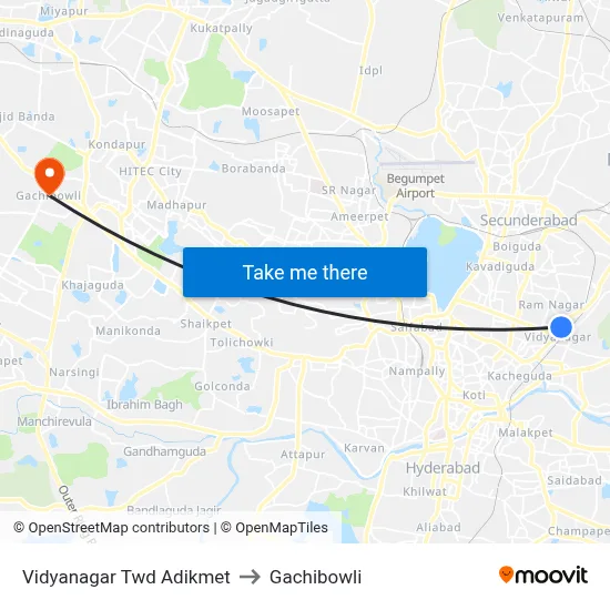 Vidyanagar Twd Adikmet to Gachibowli map