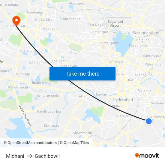 Midhani to Gachibowli map
