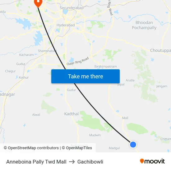 Anneboina Pally Twd Mall to Gachibowli map