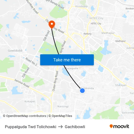 Puppalguda Twd Tolichowki to Gachibowli map