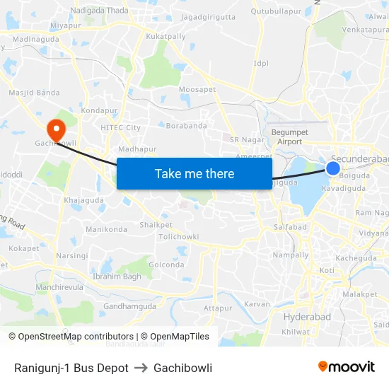 Ranigunj-1 Bus Depot to Gachibowli map