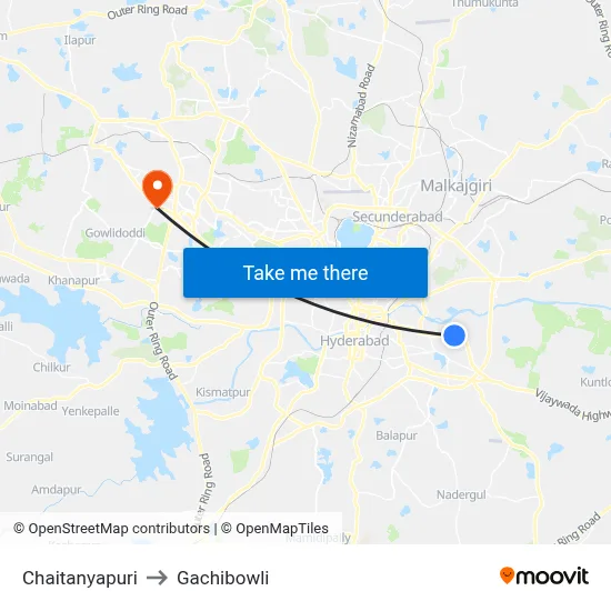 Chaitanyapuri to Gachibowli map