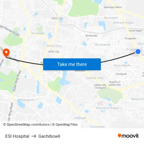 ESI Hospital to Gachibowli map