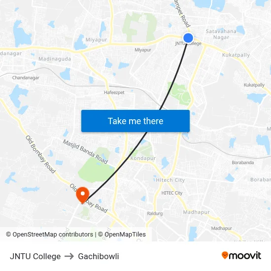 JNTU College to Gachibowli map