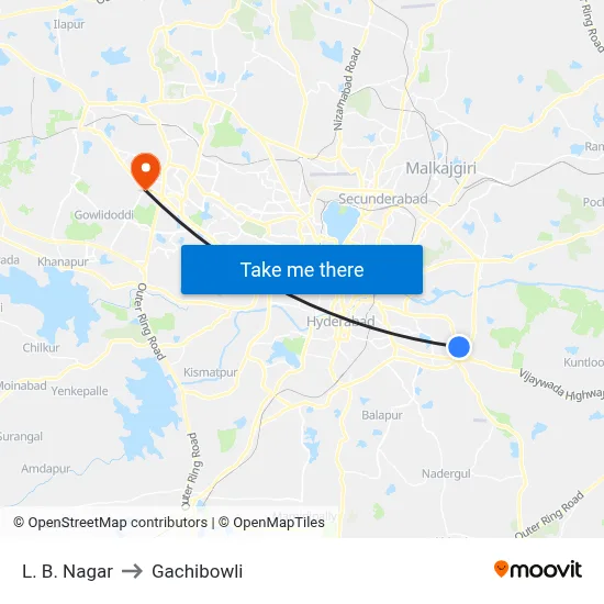 L. B. Nagar to Gachibowli map