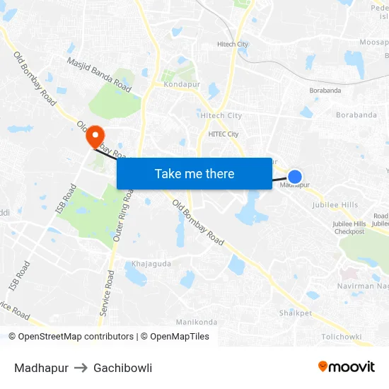 Madhapur to Gachibowli map