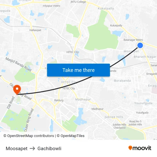 Moosapet to Gachibowli map