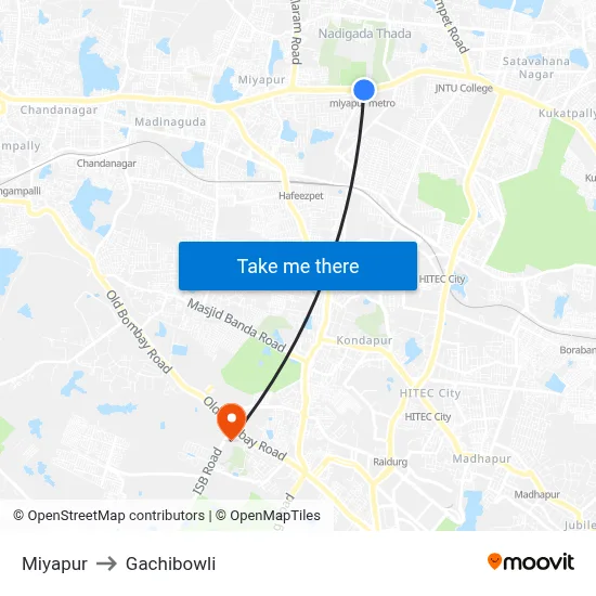 Miyapur to Gachibowli map