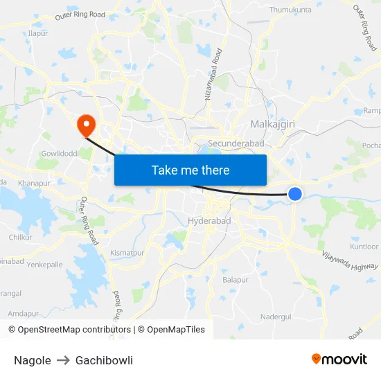 Nagole to Gachibowli map