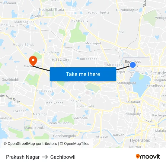 Prakash Nagar to Gachibowli map