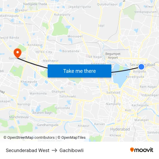 Secunderabad West to Gachibowli map