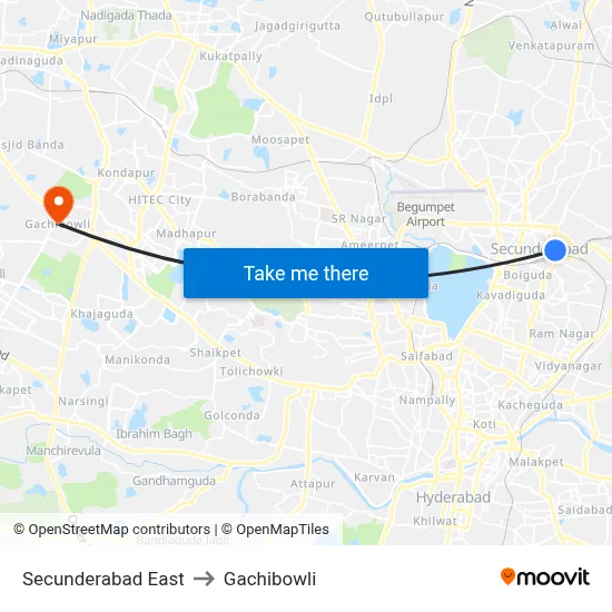 Secunderabad East to Gachibowli map