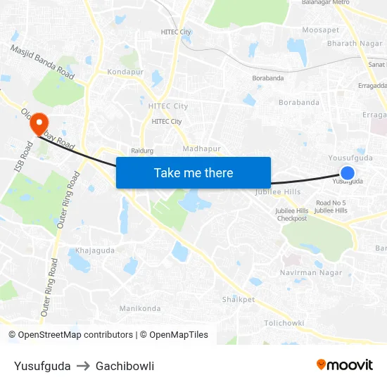Yusufguda to Gachibowli map