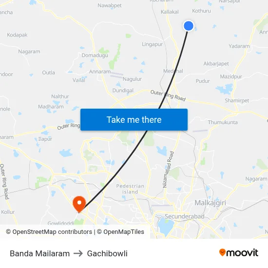 Banda Mailaram to Gachibowli map