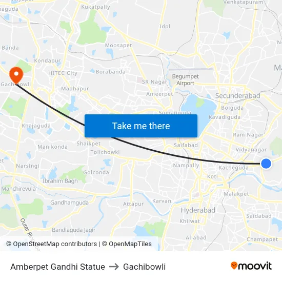 Amberpet Gandhi Statue to Gachibowli map