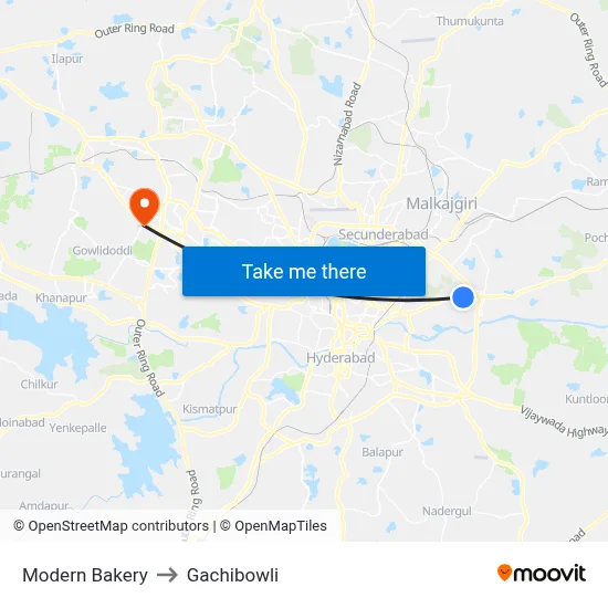 Modern Bakery to Gachibowli map