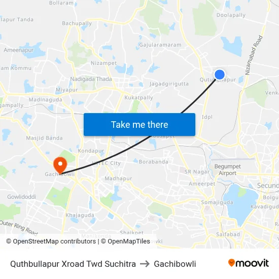Quthbullapur Xroad Twd Suchitra to Gachibowli map
