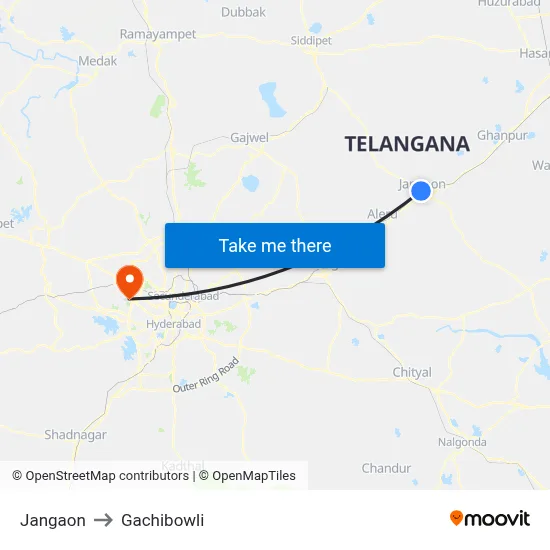 Jangaon to Gachibowli map
