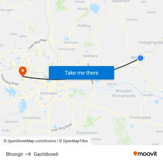 Bhongir to Gachibowli map