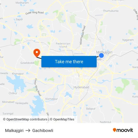 Malkajgiri to Gachibowli map