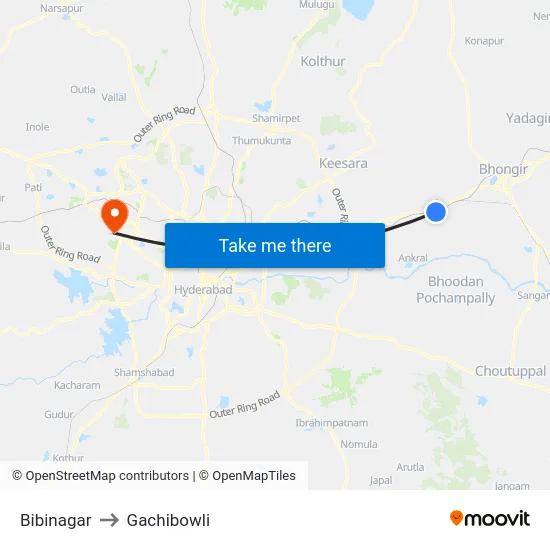 Bibinagar to Gachibowli map