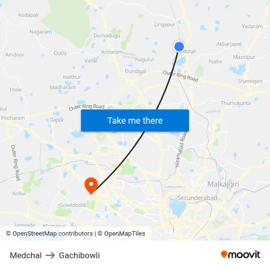 Medchal to Gachibowli map
