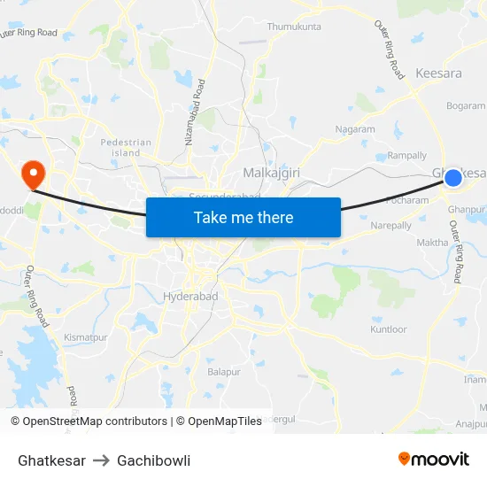 Ghatkesar to Gachibowli map