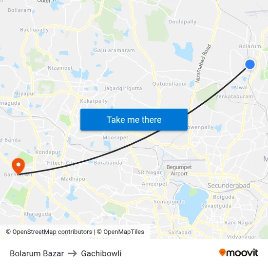 Bolarum Bazar to Gachibowli map