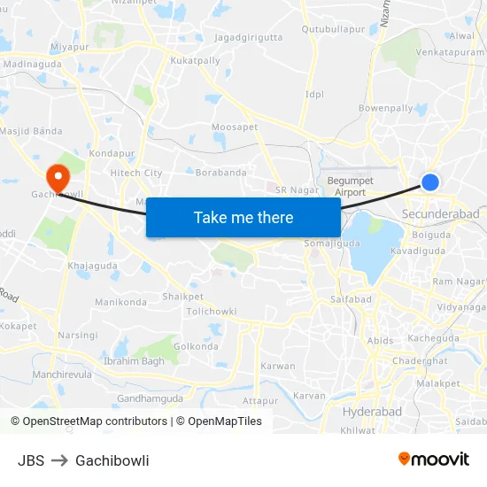 JBS to Gachibowli map
