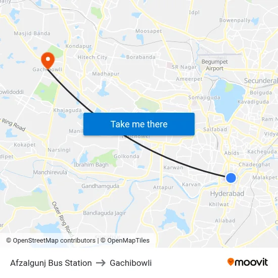 Afzalgunj Bus Station to Gachibowli map
