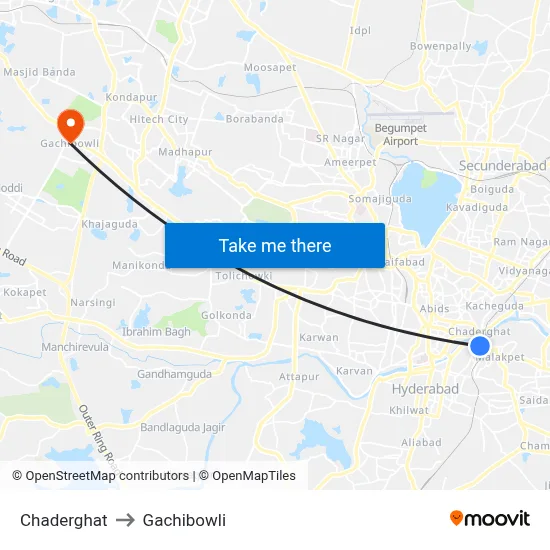 Chaderghat to Gachibowli map
