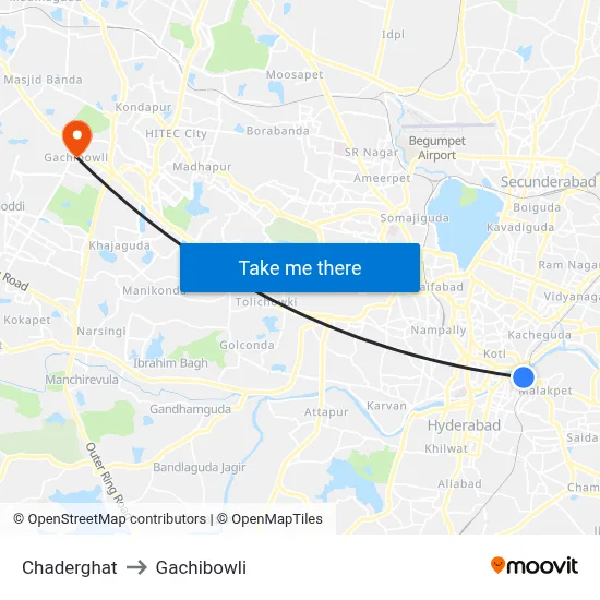 Chaderghat to Gachibowli map