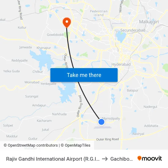 Rajiv Gandhi International Airport (R.G.I.A) to Gachibowli map