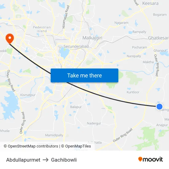 Abdullapurmet to Gachibowli map