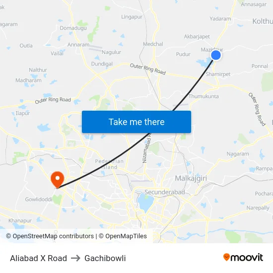 Aliabad X Road to Gachibowli map