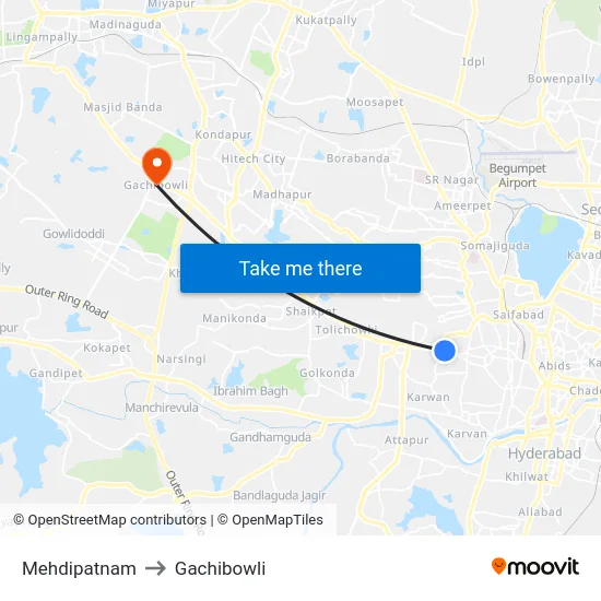 Mehdipatnam to Gachibowli map