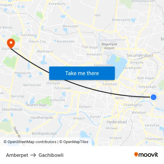 Amberpet to Gachibowli map
