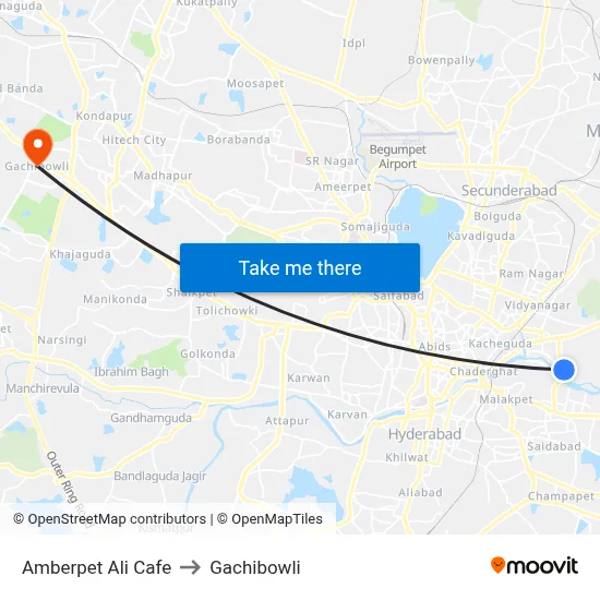 Amberpet Ali Cafe to Gachibowli map