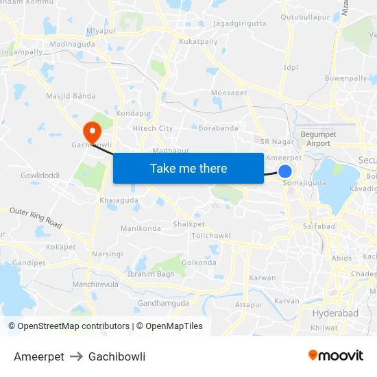 Ameerpet to Gachibowli map