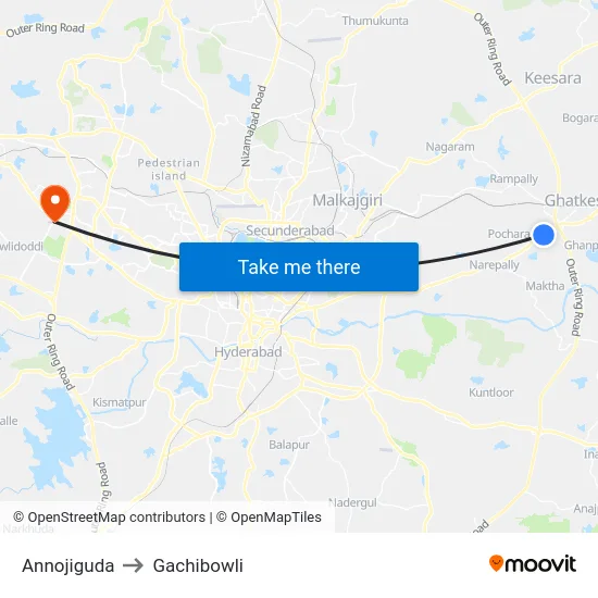 Annojiguda to Gachibowli map