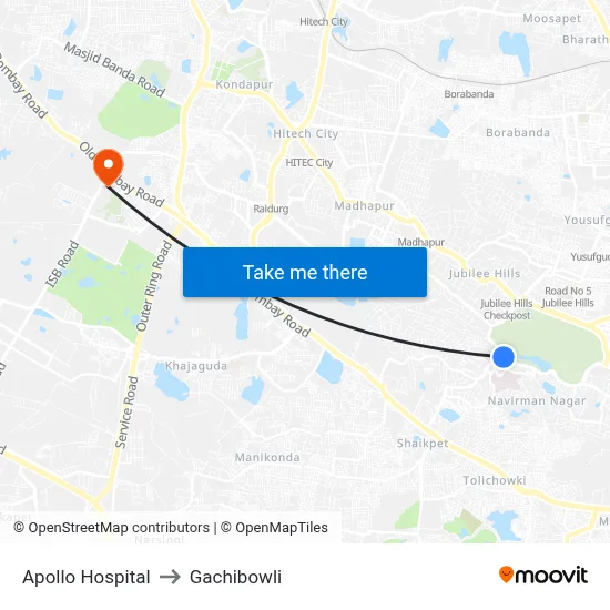 Apollo Hospital to Gachibowli map