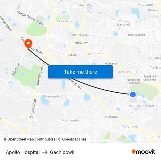 Apollo Hospital to Gachibowli map