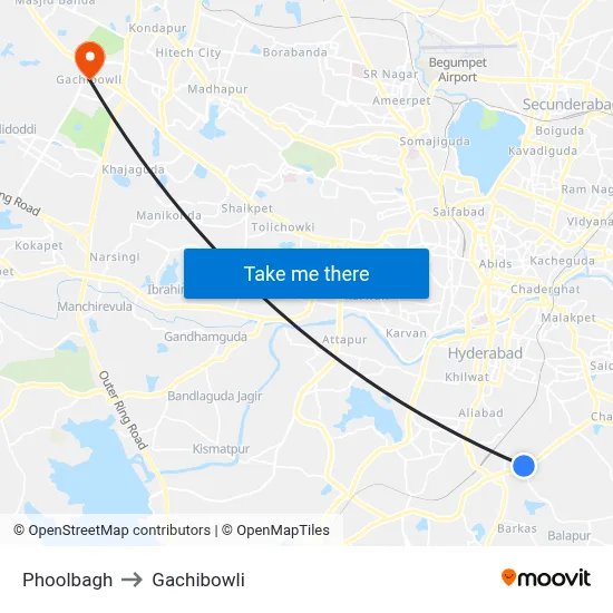Phoolbagh to Gachibowli map
