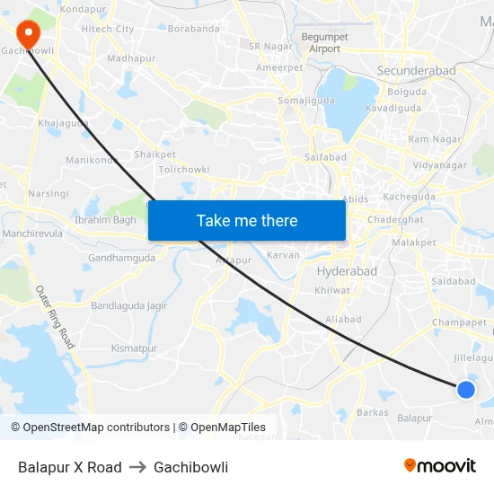 Balapur X Road to Gachibowli map