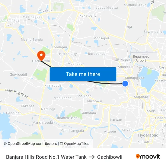 Banjara Hills Road No.1 Water Tank to Gachibowli map
